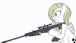 Size: 1280x720 | Tagged: safe, artist:makaryo, fluttershy, pegasus, pony, g4, aiming, animated, female, folded wings, gif, gun, hoof hold, looking at something, looking away, mare, monochrome, profile, rifle, simple background, sitting, sniper, solo, weapon, white background, wings