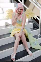 Size: 2000x3000 | Tagged: safe, artist:chastten, fluttershy, human, g4, breasts, cleavage, clothes, cosplay, costume, dress, high res, irl, irl human, photo, sitting, solo, stairs
