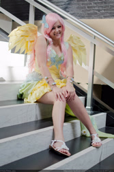 Size: 2000x3000 | Tagged: safe, artist:chastten, fluttershy, human, g4, clothes, cosplay, costume, dress, high res, irl, irl human, photo, sitting, solo, stairs