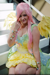 Size: 2000x3000 | Tagged: safe, artist:chastten, fluttershy, human, g4, breasts, cleavage, clothes, cosplay, costume, dress, high res, irl, irl human, photo, solo, stairs