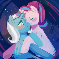 Size: 1320x1320 | Tagged: safe, artist:cherivinca, starlight glimmer, trixie, pony, unicorn, g4, blushing, duo, duo female, eyes closed, female, happy, lesbian, mare, nuzzling, ship:startrix, shipping, smiling