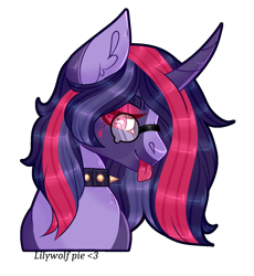 Size: 1218x1325 | Tagged: safe, artist:lilywolfpie, oc, pony, unicorn, bust, choker, female, glasses, mare, portrait, simple background, solo, spiked choker, tongue out, transparent background