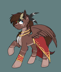Size: 436x514 | Tagged: safe, artist:rokosmith26, oc, oc only, oc:hell berry, pegasus, pony, blaze (coat marking), blue eyes, bone, bracelet, chest fluff, clothes, coat markings, facial markings, feather, jewelry, male, neck rings, necklace, pegasus oc, raised hoof, simple background, sketch, skull, smiling, solo, spread wings, stallion, standing, tribal, tribal markings, wings