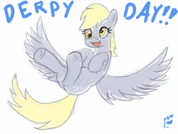 Size: 1200x900 | Tagged: safe, artist:hiddelgreyk, derpy hooves, pegasus, pony, g4, butt, derpy day, female, floating, gray coat, happy, mare, plot, signature, simple background, sketch, solo, yellow eyes, yellow mane
