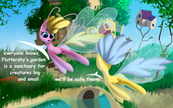 Size: 4000x2500 | Tagged: safe, artist:darky_wings, breezie, comic:troubles of being breezie, g4, comic, commission, dialogue, fluttershy's cottage, garden, looking at each other, looking at someone, micro, tiny, tree