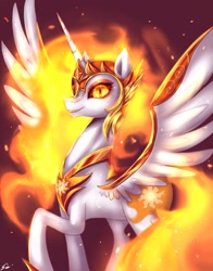 Size: 1386x1769 | Tagged: safe, artist:midna77, daybreaker, alicorn, pony, g4, armor, colored pupils, ethereal mane, ethereal tail, female, fire, flowing mane, flowing tail, gem, helmet, hoof shoes, horn, jewelry, long horn, looking at you, majestic, mane of fire, mare, open mouth, peytral, raised hoof, redraw, regalia, signature, simple background, smiling, solo, spread wings, tail, tail of fire, teeth, wing armor, wings, yellow eyes