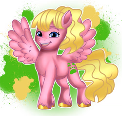 Size: 1024x969 | Tagged: safe, artist:doraeartdreams-aspy, oc, oc only, oc:sweetie bloom, pegasus, pony, g5, open mouth, open smile, simple background, smiling, spread wings, unshorn fetlocks, white background, wings