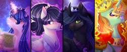 Size: 3789x1583 | Tagged: safe, artist:stormcloud-yt, oc, oc only, alicorn, changepony, hybrid, pony, alicorn oc, glowing, glowing horn, horn, interspecies offspring, magic, offspring, parent:flash sentry, parent:king sombra, parent:princess cadance, parent:princess celestia, parent:princess luna, parent:shining armor, parent:thorax, parent:twilight sparkle, parents:flashlight, parents:lumbra, parents:shiningcadance, parents:thoralestia, simple background, telekinesis, wings