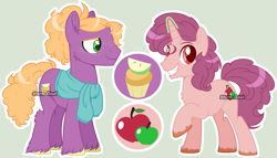 Size: 4919x2812 | Tagged: safe, artist:stormcloud-yt, little mac, oc, oc only, oc:mantent, earth pony, pony, unicorn, base used, clothes, duo, earth pony oc, grin, horn, offspring, parent:big macintosh, parent:sugar belle, parents:sugarmac, scarf, simple background, smiling, unicorn oc