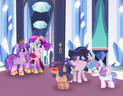 Size: 2771x2164 | Tagged: safe, artist:stormcloud-yt, princess cadance, princess flurry heart, twilight sparkle, oc, alicorn, pony, unicorn, g4, angry, base used, clothes, dress, high res, hoof shoes, horn, indoors, looking back, older, older flurry heart, raised hoof, sisters-in-law, twilight sparkle (alicorn), unicorn oc