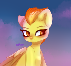 Size: 1107x1024 | Tagged: safe, artist:etter, spitfire, pegasus, pony, g4, blushing, bust, button nose, cloud, colored pupils, colored wings, cute, eyebrows, eyelashes, feathered wings, female, folded wings, heart eyes, mare, multicolored hair, multicolored wings, portrait, solo, tumblr nose, watermark, wingding eyes, wings