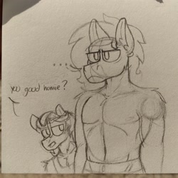 Size: 2288x2288 | Tagged: safe, artist:drheartdoodles, oc, oc:dr.heart, oc:valentino, anthro, clothes, collaboration, dad bod, dialogue, dilf, frustrated, high res, male, partial nudity, size difference, sketch, stallion, topless, traditional art