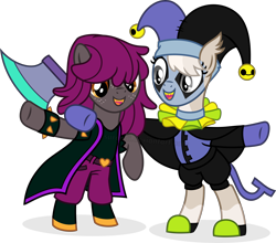Size: 8130x7161 | Tagged: safe, artist:suramii, oc, oc only, oc:cuddy, oc:night vision, bat pony, pegasus, pony, g4, road to friendship, absurd resolution, bipedal, clothes, costume, deltarune, female, jevil, mare, nightmare night costume, simple background, susie (deltarune), transparent background, vector