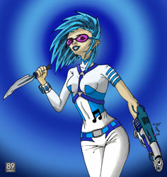 Size: 2228x2365 | Tagged: safe, artist:magarnadge, dj pon-3, vinyl scratch, human, g4, abstract background, clothes, dagger, female, high res, humanized, lipstick, solo, sunglasses, weapon