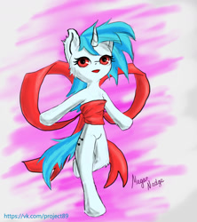 Size: 1600x1800 | Tagged: safe, artist:magarnadge, dj pon-3, vinyl scratch, pony, unicorn, g4, abstract background, bipedal, bow, female, horn, mare, missing accessory, signature, solo