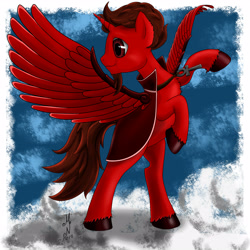 Size: 3200x3200 | Tagged: safe, artist:magarnadge, oc, oc only, alicorn, pony, alicorn oc, choker, cloak, clothes, cloud, colored hooves, female, high res, horn, jewelry, looking back, mare, necklace, on a cloud, solo, wings