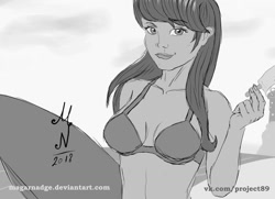 Size: 1200x870 | Tagged: safe, artist:magarnadge, octavia melody, human, g4, 2018, bikini, bust, clothes, female, food, grayscale, humanized, monochrome, popsicle, smiling, solo, surfboard, swimsuit