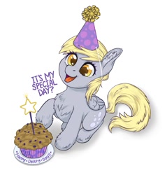 Size: 1149x1200 | Tagged: safe, artist:taytinabelle, derpy hooves, pegasus, pony, g4, chest fluff, cute, derpabetes, derpy day, dialogue, ear fluff, female, fluffy, food, happy, hat, hoof fluff, looking at you, looking up, looking up at you, mare, muffin, open mouth, open smile, party hat, raised hoof, simple background, sitting, smiling, solo, unshorn fetlocks, weapons-grade cute, white background