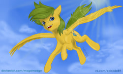 Size: 1700x1020 | Tagged: safe, artist:magarnadge, oc, oc only, pegasus, pony, flying, outdoors, pegasus oc, solo, wings