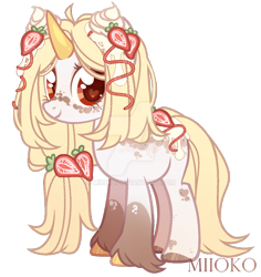 Size: 1024x1087 | Tagged: safe, artist:miioko, oc, oc only, pony, unicorn, deviantart watermark, female, food, heart eyes, hoof fluff, horn, mare, obtrusive watermark, simple background, solo, strawberry, transparent background, unicorn oc, watermark, wingding eyes