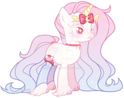 Size: 1024x813 | Tagged: safe, artist:miioko, oc, oc only, pony, unicorn, bow, choker, deviantart watermark, hoof fluff, horn, horn bow, obtrusive watermark, simple background, solo, starry eyes, transparent background, unicorn oc, watermark, wingding eyes