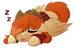 Size: 1504x984 | Tagged: safe, artist:rokosmith26, oc, oc only, oc:rose acre, pegasus, pony, blaze (coat marking), blushing, cheek fluff, chibi, clothes, coat markings, cowboy hat, cute, eyes closed, facial markings, flannel, flannel shirt, floppy ears, hat, lying down, open mouth, pegasus oc, prone, shirt, simple background, sleeping, solo, spread wings, tail, transparent background, wings