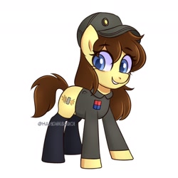 Size: 1800x1800 | Tagged: safe, artist:handgunboi, oc, oc only, earth pony, pony, clothes, commission, earth pony oc, eye clipping through hair, eyebrows, eyebrows visible through hair, female, full body, grin, hat, hooves, mare, signature, simple background, smiling, solo, standing, watermark, white background