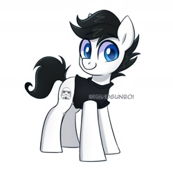Size: 1800x1800 | Tagged: safe, artist:handgunboi, oc, oc only, earth pony, pony, clothes, commission, earth pony oc, eyebrows, eyebrows visible through hair, full body, hooves, male, signature, simple background, smiling, solo, stallion, standing, tail, watermark, white background