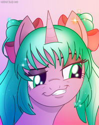 Size: 1185x1500 | Tagged: safe, artist:lennonblack, oc, oc only, oc:magicalmysticva, oc:mystic moonlight, pony, unicorn, eyebrows, face, faic, female, funny, funny face, green eyes, pink coat, raised eyebrow, smiling, smirk, smug, smugdash, sparkles