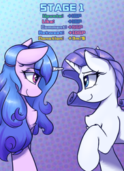 Size: 1600x2200 | Tagged: safe, artist:ravistdash, izzy moonbow, rarity, pony, unicorn, g5, duo, duo female, eye clipping through hair, eyebrows, eyebrows visible through hair, female, growth drive, incentive drive, looking at each other, looking at someone, macro, mare, raised hoof, smiling, smiling at each other, smirk, standing