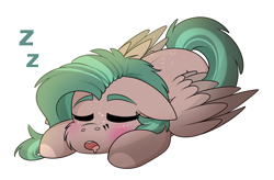 Size: 1644x1080 | Tagged: safe, artist:rokosmith26, oc, oc only, oc:shelly b smith, pegasus, pony, blushing, cheek fluff, chibi, colored wings, cute, eyes closed, floppy ears, freckles, lying down, open mouth, pegasus oc, prone, simple background, sleeping, solo, spread wings, tail, transparent background, two toned mane, two toned wings, wings
