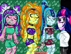 Size: 3900x3000 | Tagged: safe, artist:kamikiku, adagio dazzle, aria blaze, sci-twi, sonata dusk, twilight sparkle, equestria girls, g4, my little pony equestria girls: rainbow rocks, evil smile, experiment, eyes closed, grin, high res, science, smiling, the dazzlings, vat