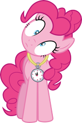 Size: 3000x4512 | Tagged: safe, artist:cloudy glow, pinkie pie, earth pony, pony, g4, too many pinkie pies, .ai available, female, front view, frown, full body, head tilt, high res, hooves, mare, pinkie clock, shrunken pupils, simple background, solo, standing, stopwatch, transparent background, vector