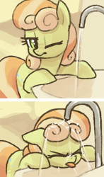 Size: 302x513 | Tagged: safe, artist:plunger, junebug, earth pony, pony, adorable distress, behaving like a cat, cute, drawthread, drinking, eyebrows, eyes closed, faucet, female, floppy ears, looking at something, mare, one eye closed, ponified, ponified animal photo, requested art, shading, simple background, sink, solo, tongue out, two toned mane, water, wet