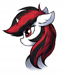 Size: 1600x1943 | Tagged: safe, artist:tatykin, oc, oc only, oc:blackjack, pony, unicorn, fallout equestria, fallout equestria: project horizons, bust, ear fluff, ears back, fanfic art, female, horn, mare, portrait, profile, simple background, solo, two toned mane, unicorn oc, white background
