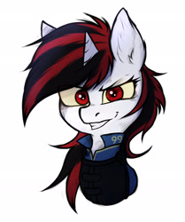 Size: 1600x1914 | Tagged: safe, artist:tatykin, oc, oc:blackjack, pony, unicorn, fallout equestria, fallout equestria: project horizons, bust, fanfic art, female, horn, looking at you, mare, portrait, shooty look, simple background, solo, unicorn oc, white background
