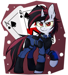 Size: 1600x1750 | Tagged: safe, artist:tatykin, oc, oc:blackjack, pony, unicorn, fallout equestria, fallout equestria: project horizons, ace of spades, armor, clothes, colored sclera, fanfic art, female, horn, looking at you, mare, playing card, solo, unicorn oc, yellow sclera