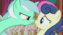 Size: 1280x720 | Tagged: safe, screencap, bon bon, lyra heartstrings, sweetie drops, earth pony, pony, unicorn, g4, season 5, slice of life (episode), boop, duo, duo female, female, long neck, looking at each other, looking at someone, lyra is not amused, mare, nose wrinkle, noseboop, unamused