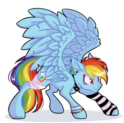 Size: 1024x1014 | Tagged: safe, artist:dreamy-kitty, rainbow dash, pegasus, pony, g4, bandage, bracelet, collar, female, jewelry, mare, pride, pride flag, simple background, solo, spiked collar, spread wings, transgender pride flag, white background, wings