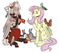 Size: 2900x2600 | Tagged: safe, artist:monnarcha, fluttershy, bird, pony, rabbit, squirrel, g4, animal, crossover, female, genshin impact, high res, kazuha (genshin impact), male, mare, ponified, simple background, stallion, transparent background