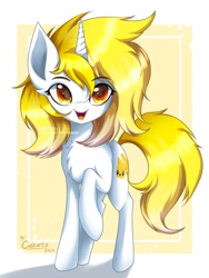 Size: 1536x2048 | Tagged: source needed, safe, artist:maiza_zara, oc, oc only, pony, unicorn, chest fluff, colored pupils, ear fluff, eyebrows, eyebrows visible through hair, eyelashes, female, hair, horn, looking at you, mare, open mouth, open smile, raised hoof, shading, signature, smiling, smiling at you, solo, unicorn oc, watermark, yellow hair