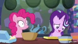 Size: 640x360 | Tagged: safe, screencap, pinkie pie, starlight glimmer, earth pony, pony, unicorn, every little thing she does, g4, season 6, animated, duo, female, fiducia compellia, gif, gifs.com, loop, mare, open mouth, open smile, perfect loop, pinkie being pinkie, shrunken pupils, smiling, twilight's castle