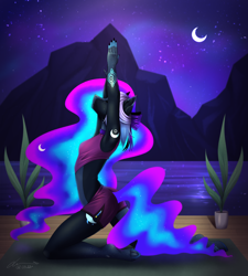 Size: 3366x3742 | Tagged: safe, artist:lunciakkk, oc, oc only, oc:luminescence, anthro, armpits, choker, clothes, commission, commissioner:mysterymoonmajor, crescent moon, eyes closed, female, high res, moon, night, plant, signature, solo, underhoof