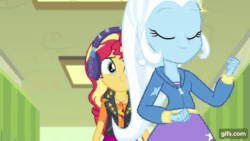 Size: 640x360 | Tagged: safe, screencap, sunset shimmer, trixie, equestria girls, equestria girls series, g4, overpowered (equestria girls), animated, clothes, cutie mark on clothes, duo, duo female, eyes closed, female, geode of empathy, gif, gifs.com, hairpin, hallway, headphones, hoodie, jacket, jewelry, leather, leather jacket, lockers, magical geodes, necklace, open mouth, smiling