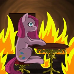 Size: 2160x2160 | Tagged: safe, artist:krotir56, pinkie pie, earth pony, pony, g4, female, fire, high res, mare, meme, pinkamena diane pie, ponified meme, sitting, solo, stool, table, this is fine
