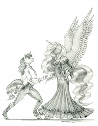 Size: 1100x1416 | Tagged: safe, artist:baron engel, princess luna, oc, oc:dragonfire (ultimatepegasus-25), alicorn, unicorn, anthro, unguligrade anthro, g4, canon x oc, clothes, dancing, dress, duo, female, flamenco, flamenco dress, grayscale, horn, male, monochrome, pencil drawing, simple background, story in the comments, story in the source, traditional art, unicorn oc, white background