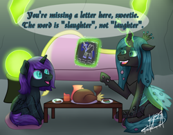 Size: 3000x2336 | Tagged: safe, artist:spokenmind93, nightmare moon, queen chrysalis, oc, oc:nyx, alicorn, pony, fanfic:thesixthalicorn, g4, alicorn oc, couch, crystal, fanfic, fanfic art, fangs, food, high res, horn, meat, mommy chrissy, wings