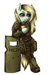 Size: 1075x1518 | Tagged: safe, artist:leastways, oc, oc only, oc:sea hook, earth pony, pony, fallout equestria, armor, bipedal, commission, juice, juice box, ncr, shield, simple background, solo, straw in mouth, transparent background