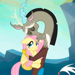 Size: 500x500 | Tagged: safe, screencap, discord, fluttershy, draconequus, pegasus, pony, g4, season 6, to where and back again, animated, cropped, cute, duo, eyes closed, female, folded wings, gif, holding a pony, hug, loop, male, mare, shipping fuel, smiling, wings
