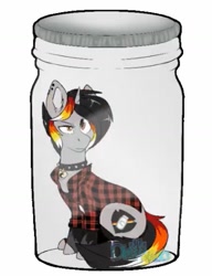 Size: 875x1142 | Tagged: safe, artist:diethtwoo, oc, oc only, oc:moonshine, pony, unicorn, clothes, collar, female, flannel, horn, jar, jewelry, latex, lewd container meme, lid, lol, looking at you, mare, meme, piercing, rainbow dash jar, raised eyebrow, shirt, simple background, sitting, smol, socks, solo, this will not end well, uh oh, unicorn oc, white background